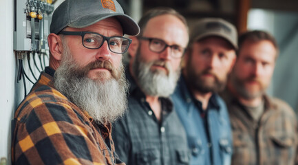 Fototapeta premium Group of four men, each with distinct beards and glasses, share a moment in a workshop environment while discussing various topics