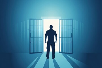 Fototapeta premium Prison guard standing watch inside a correctional facility with open doors showcasing authority and vigilance