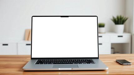 Fototapeta premium Mockup of a laptop with a blank white screen, placed on a home office desk, suitable for displaying websites or designs.
