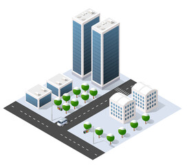 Isometric cityscape with skyscrapers, offices, and snowy trees in winter