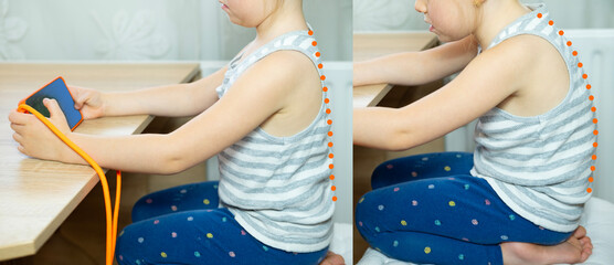young girl with bad and proper posture using mobile phone, healthy and unhealthy sitting, screen time, parental guidance, technology and health