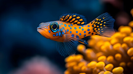 Fototapeta premium Colorful tropical fish are swimming in a vibrant aquarium with coral reefs.