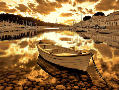 sepia-tone harbor scene at sunset, coastal setting with moored boats