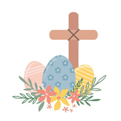 Easter eggs and Flower Field and Wooden Cross. easter invitation, card and sale template design