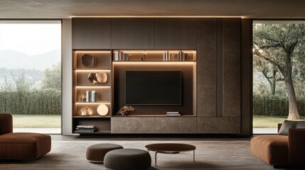Modern media wall with a combination of open shelves and closed cabinets, neatly arranged books, and decor. Neutral tones and warm lighting.