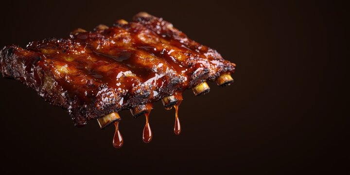 Floating barbecue ribs with dripping smoky sauce on a deep charred brown background 3D background minimalistic mockup with space for text