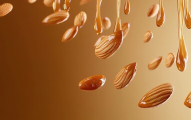 Obraz premium Floating candied almonds with a caramel drizzle on a golden caramel brown 3D background minimalistic mockup with space for text