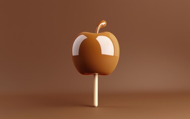 Obraz premium Floating caramel apple on a stick on a rich caramel brown 3D background minimalistic mockup with space for text