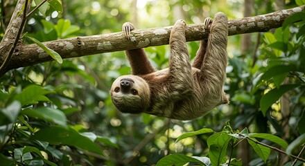 Sloth Hanging Upside Down From Tree Branch in Lush Rainforest