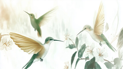 Obraz premium Soft watercolor illustration of hummingbirds hovering around blossoms in a dreamy natural scene.