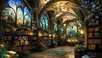 Fototapeta premium A magical atmosphere created by the soft glow of fairy lights in a library.