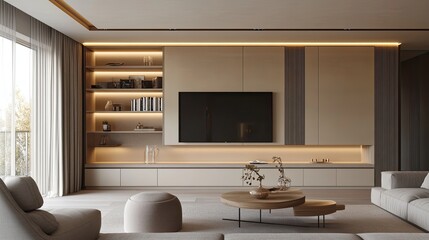 Obraz premium Neutral-tone media wall with soft beige cabinetry, wooden shelves, and subtle lighting for an elegant touch.