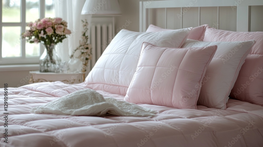 Poster a soft pink quilt adorns a bed layered with fluffy pillows. fresh flowers in a vase add a touch of e