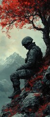 Fototapeta premium Soldier sits beneath a tree with red leaves and mountains