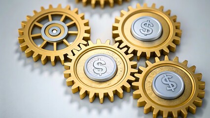 Golden Gears with Dollar Symbols Representing Money and Wealth in Business Concepts