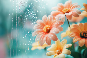 pastel flowers behind glass with spring vibes and water droplets, calm scene wallpaper