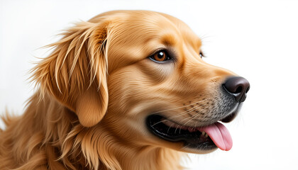Golden retriever head, close-up on a white background. The dog looks friendly and confident, with a shiny coat and a warm expression on his face, which emphasizes his cute character.