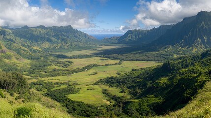 Fototapeta premium Lush Green Valley with Ocean View and Mountain Peaks