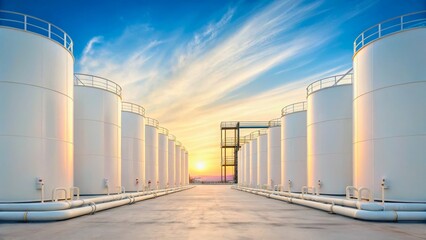 Obraz premium Industrial Storage Tanks Against Vibrant Sunset Sky at Oil Refinery Facility
