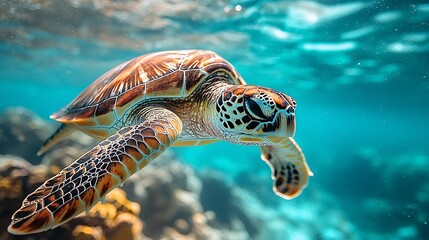 Fototapeta premium Sea Turtle Swimming Over Coral Reef Underwater