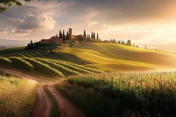Obraz premium Scenic representation of the enchanting Tuscany landscape featuring expansive grain fields.