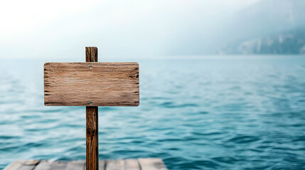 Rustic wooden signpost on a dock with a blurred blue ocean in the background provides space for customizable messages, ideal for travel and beach themes. Selective focus