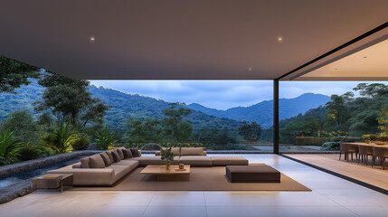 Fototapeta premium Serene Sanctuary: An ultra-modern living space with a breathtaking view of a lush, green mountain range, creating a seamless blend of interior and exterior living.