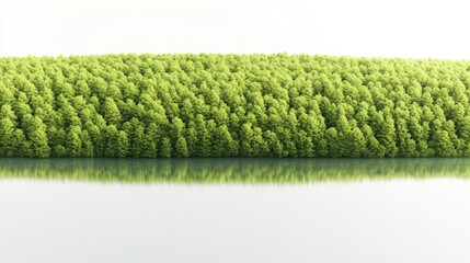 Lush green forest reflects beautifully on still water surface, c