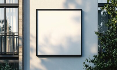 mockup of a blank black square outdoor digital signage screen on the side wall of an urban house, with morning light