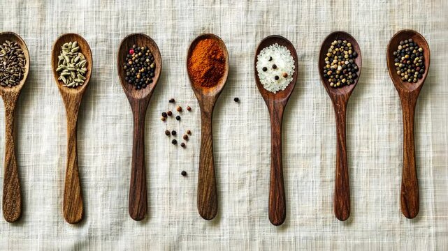 Various spices and grains arranged in wooden spoons on a textured linen backdrop for culinary presentation