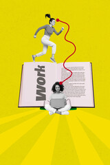 Exclusive image vertical photo collage of two happy girls business partners sit open book knowledge workload browsing laptop