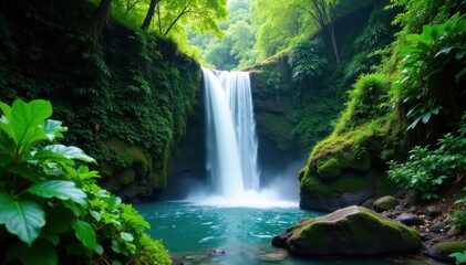 Obraz premium Hidden Lombok waterfall cascades through lush jungle, Indonesia, serenity