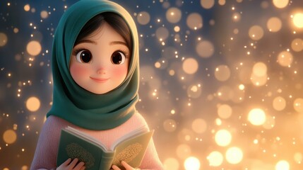 Enchanting Portrait of a Young Girl in a Headscarf Reading a Book Amidst Sparkling Lights