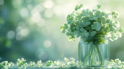 Fototapeta premium Serene Greenery: A Beautiful Arrangement of Shamrocks in a Glass Jar with Soft Natural Background