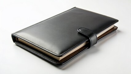 Minimalist black leather notebook case.  White background, sharp studio photography highlights its design.