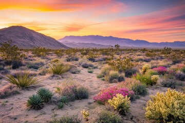 Majestic californian desert scene illuminated by vibrant sunset hues and striking shadows