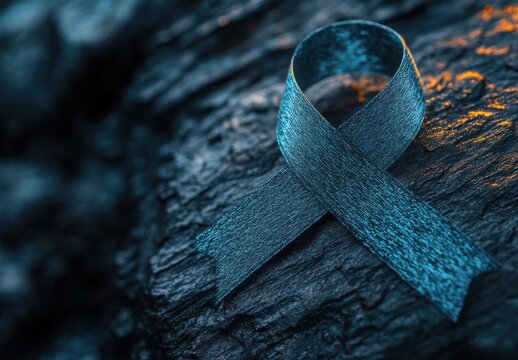Blue awareness ribbon on dark textured surface symbolizing hope, support, and various causes related to mental health, well-being, and anti-bullying initiatives.