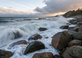 Fototapeta premium A long exposure photo of waves crashing on a rocky shore