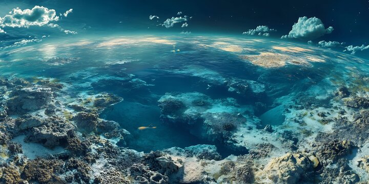 Wide angle visualization of vast Earth 38 billion years ago primitive lifeforms emerging ocean depths atmospheric bioluminescence atmospheric conditions highlighted with deep cinematic color grading