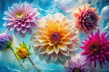 Abstract milk ice water backdrop showcases a frozen dahlia's silhouette.