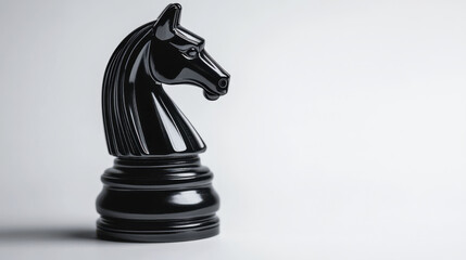 sleek black chess knight piece with sharp angles, symbolizing strategy and intellect. Its polished design stands out against minimalistic background, evoking sense of focus and determination