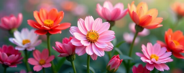 Close-up of a variety of delicate flower icons in different shapes and colors, blooms, bouquet