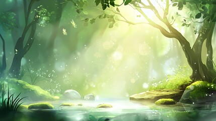 Obraz premium Enchanted Forest: Sunlit Green Trees and Calm Water
