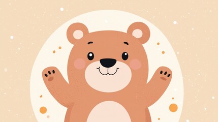 Cute cartoon bear with cheerful expression and raised paws, set against a soft golden background with gentle abstract elements