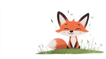 Fototapeta premium Cheerful Cartoon Fox Sitting in Grass with Bright Smile and Playful Expression, Ideal for Children's Illustrations and Nature-Themed Designs