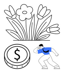 Flowers symbolizing growth, man searching or exploring, and coin representing finance. Ideal for financial growth, investment, seeking opportunities, exploration, nature, creativity abstract line