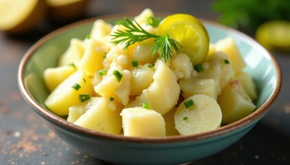 Classic creamy potato salad with crunchy pickles and bright dill , herbs, delicious