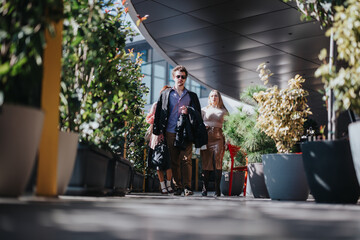 Obraz premium A diverse group of business colleagues walking outdoors in an urban area. Surrounding them are modern architecture and lush greenery, emphasizing a blend of business and nature.