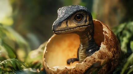Adorable Baby Dinosaur Hatching from Egg in Lush Green Environment