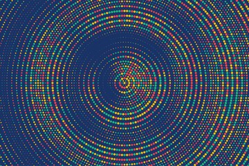 Blue, marron, green, yellow colorful halftone festival background. Radial halftone gradient background. Fading effect polka dot multicolor background for fabric, banner, poster, wallpaper and more.